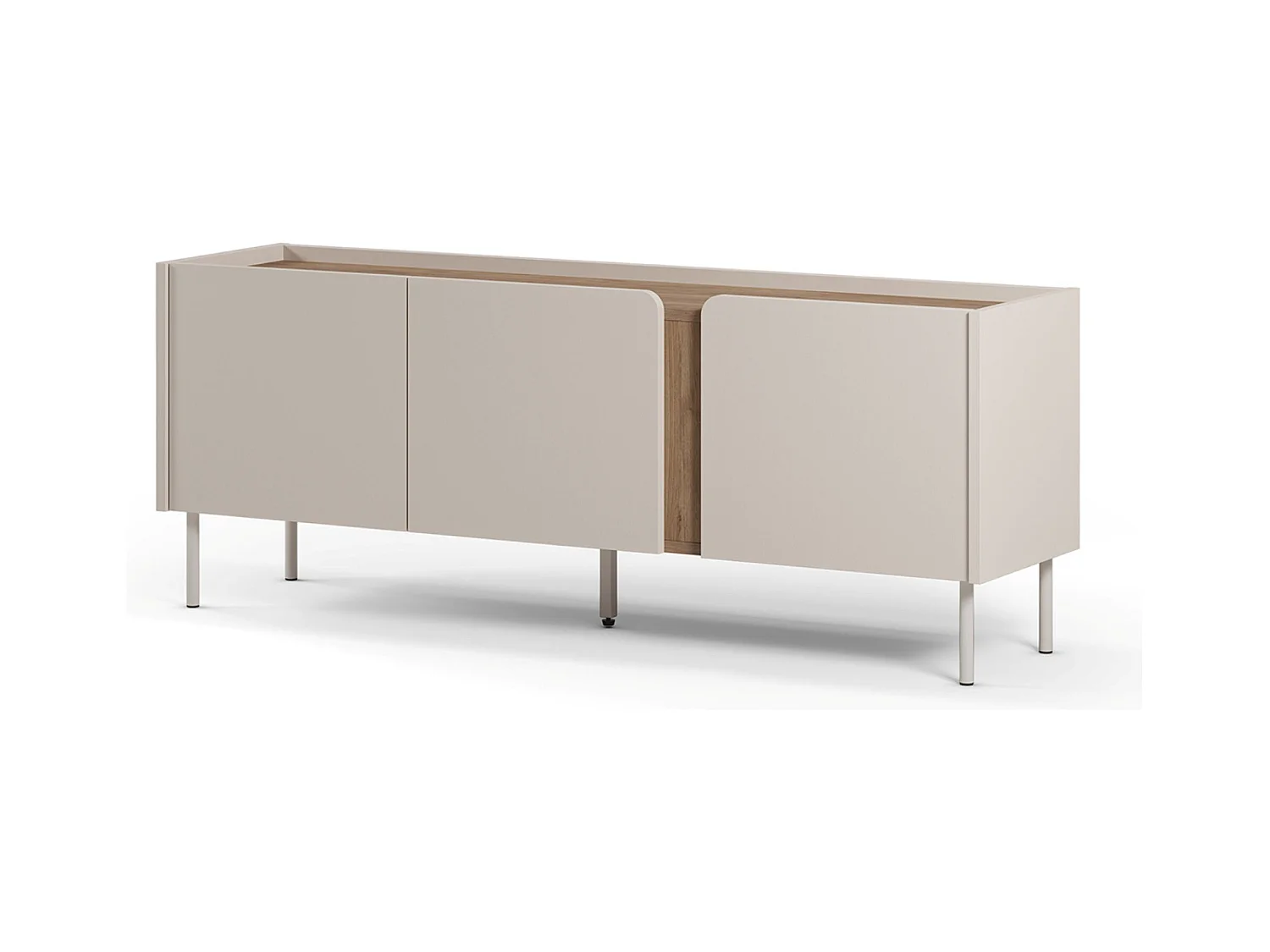 Meuble TV, Meuble de salon avec 3 portes aspect bois coloris crème, chêne et pieds en métal - Longueur 140 x Profondeur 35 x Hauteur 53 cm