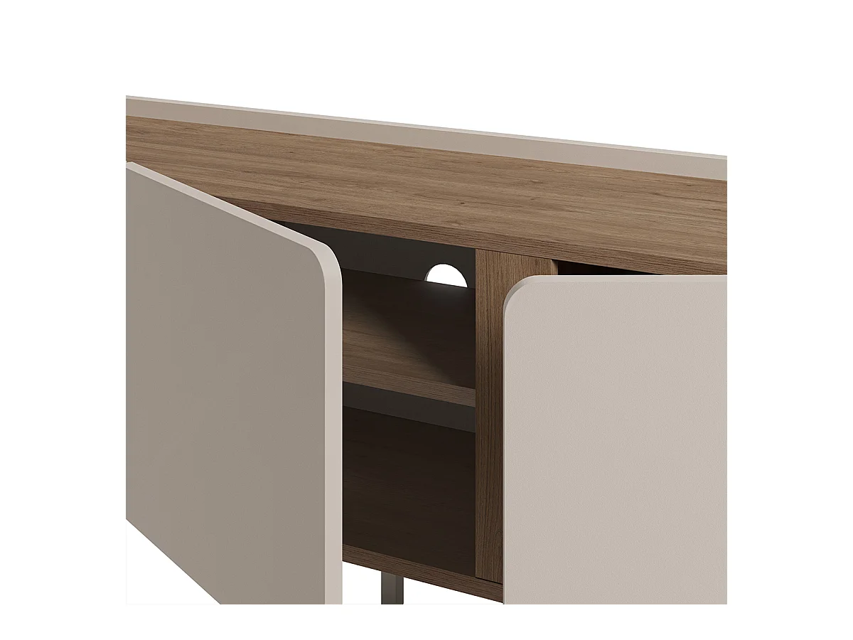 Meuble TV, Meuble de salon avec 3 portes aspect bois coloris crème, chêne et pieds en métal - Longueur 140 x Profondeur 35 x Hauteur 53 cm
