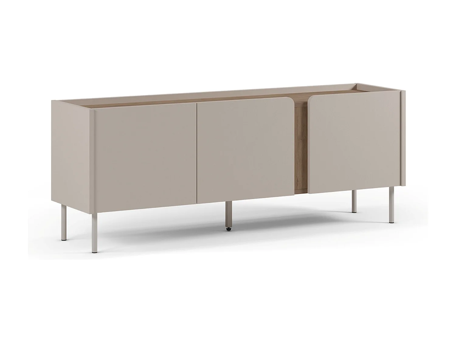 Meuble TV, Meuble de salon avec 3 portes aspect bois coloris crème, chêne et pieds en métal - Longueur 140 x Profondeur 35 x Hauteur 53 cm