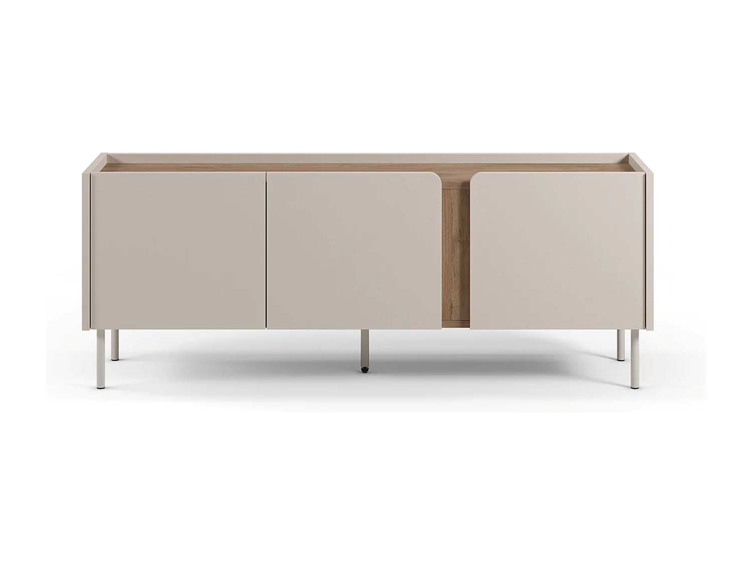 Meuble TV, Meuble de salon avec 3 portes aspect bois coloris crème, chêne et pieds en métal - Longueur 140 x Profondeur 35 x Hauteur 53 cm