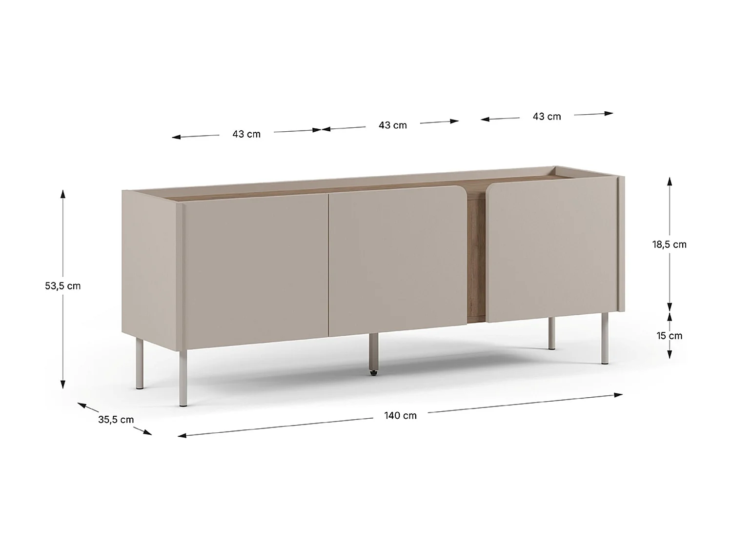 Meuble TV, Meuble de salon avec 3 portes aspect bois coloris crème, chêne et pieds en métal - Longueur 140 x Profondeur 35 x Hauteur 53 cm