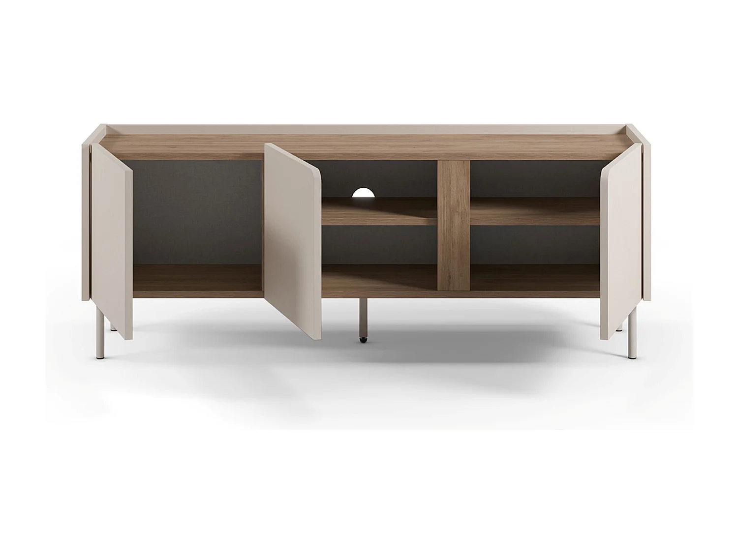 Meuble TV, Meuble de salon avec 3 portes aspect bois coloris crème, chêne et pieds en métal - Longueur 140 x Profondeur 35 x Hauteur 53 cm