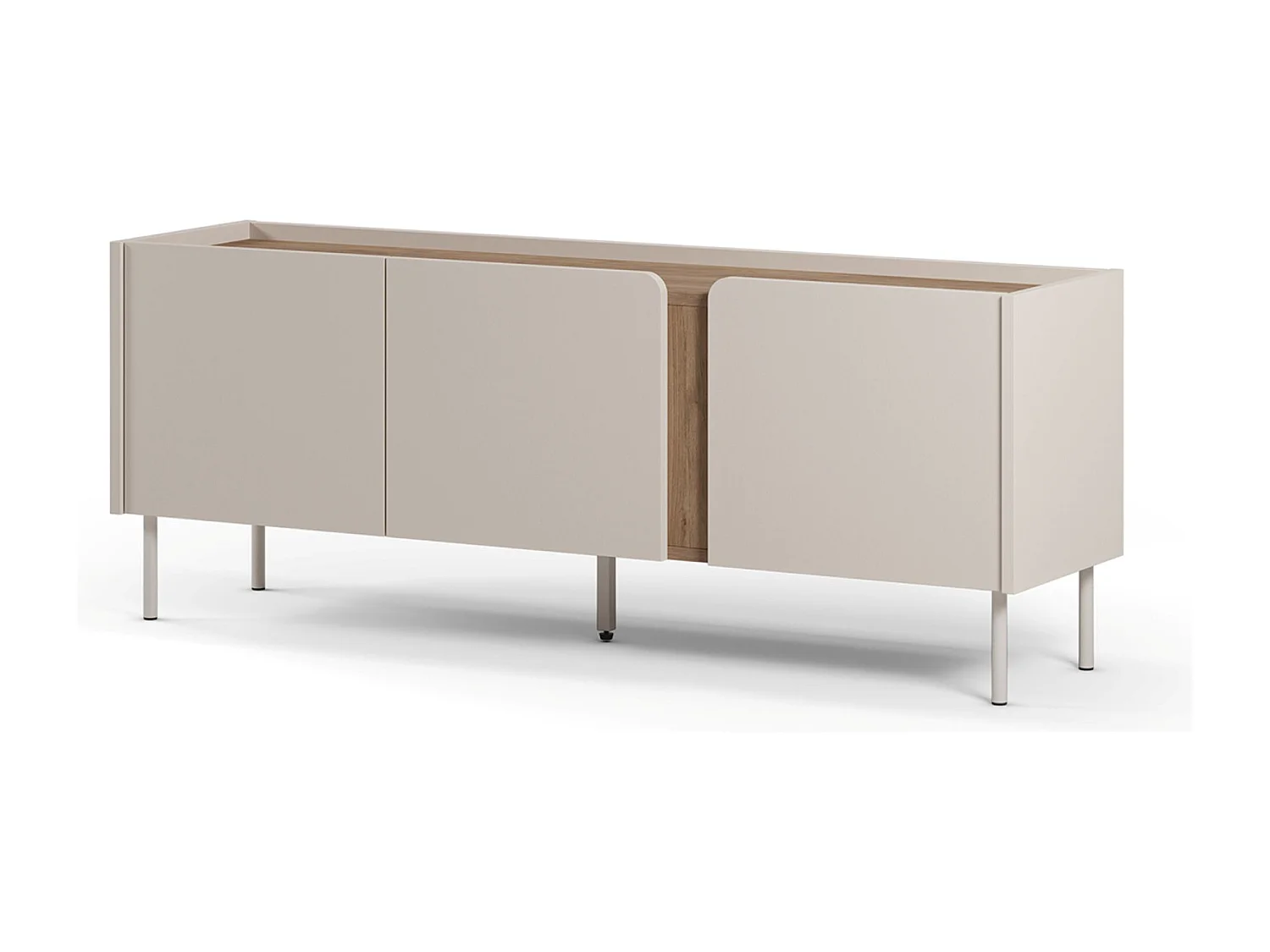 Meuble TV, Meuble de salon avec 3 portes aspect bois coloris crème, chêne et pieds en métal - Longueur 140 x Profondeur 35 x Hauteur 53 cm