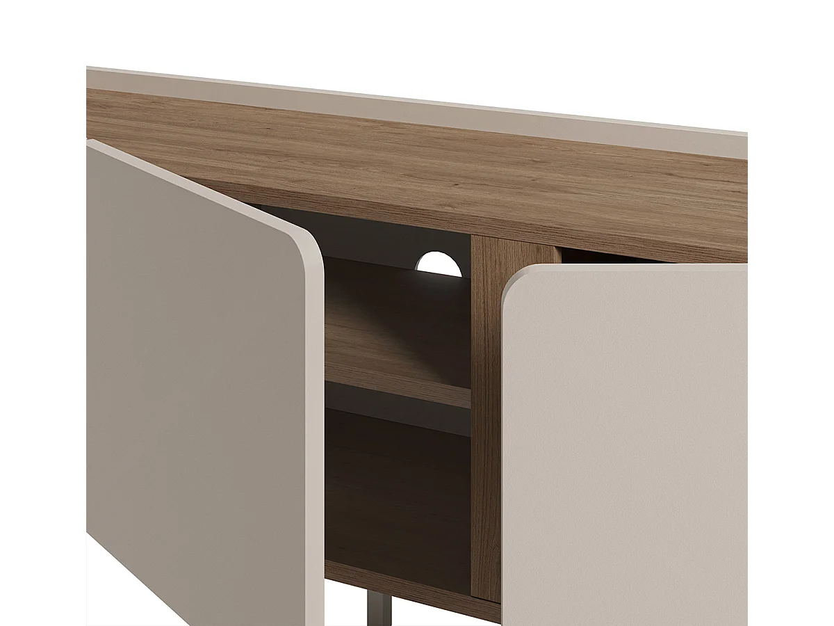 Meuble TV, Meuble de salon avec 3 portes aspect bois coloris crème, chêne et pieds en métal - Longueur 140 x Profondeur 35 x Hauteur 53 cm