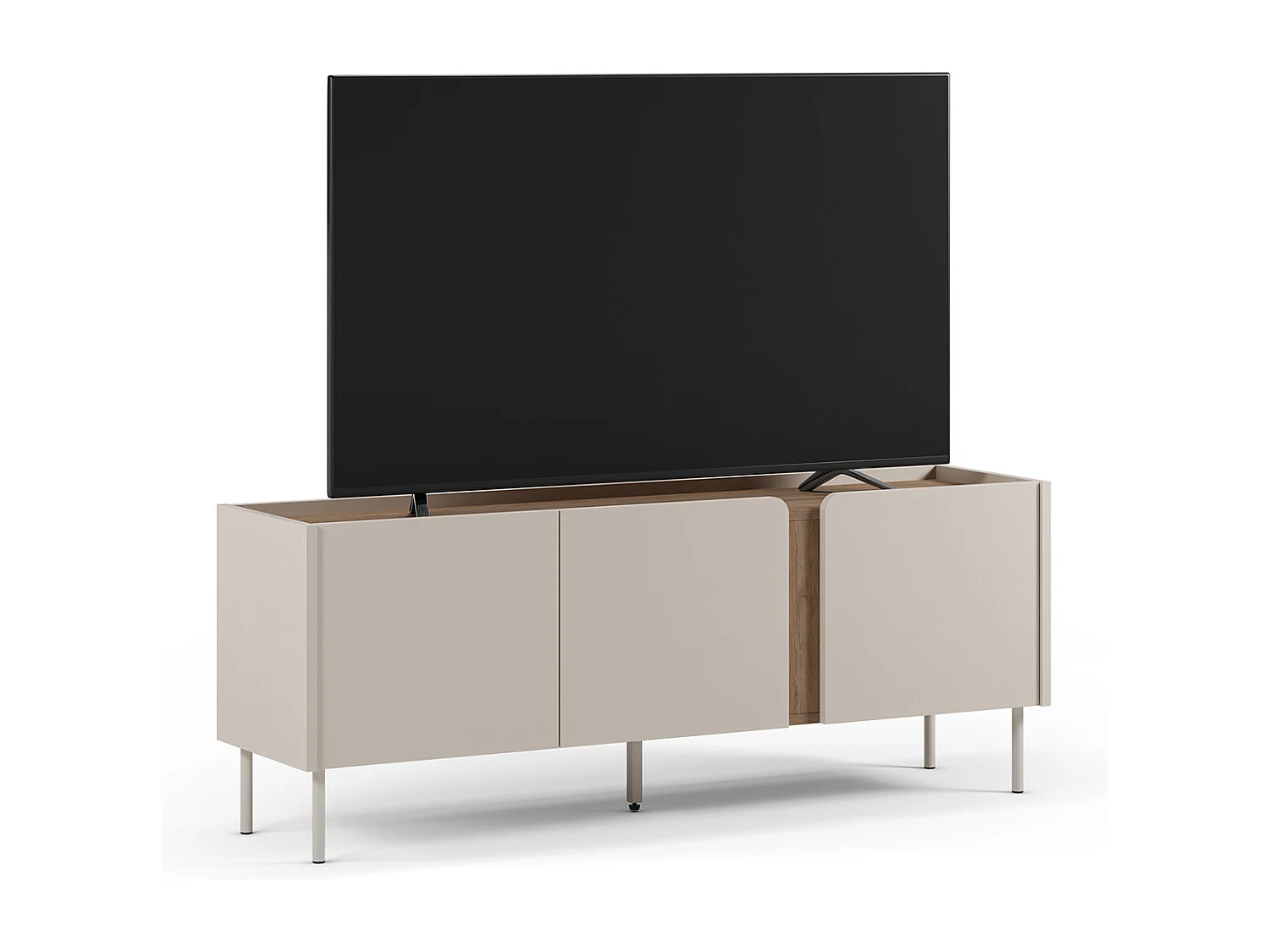 Meuble TV, Meuble de salon avec 3 portes aspect bois coloris crème, chêne et pieds en métal - Longueur 140 x Profondeur 35 x Hauteur 53 cm