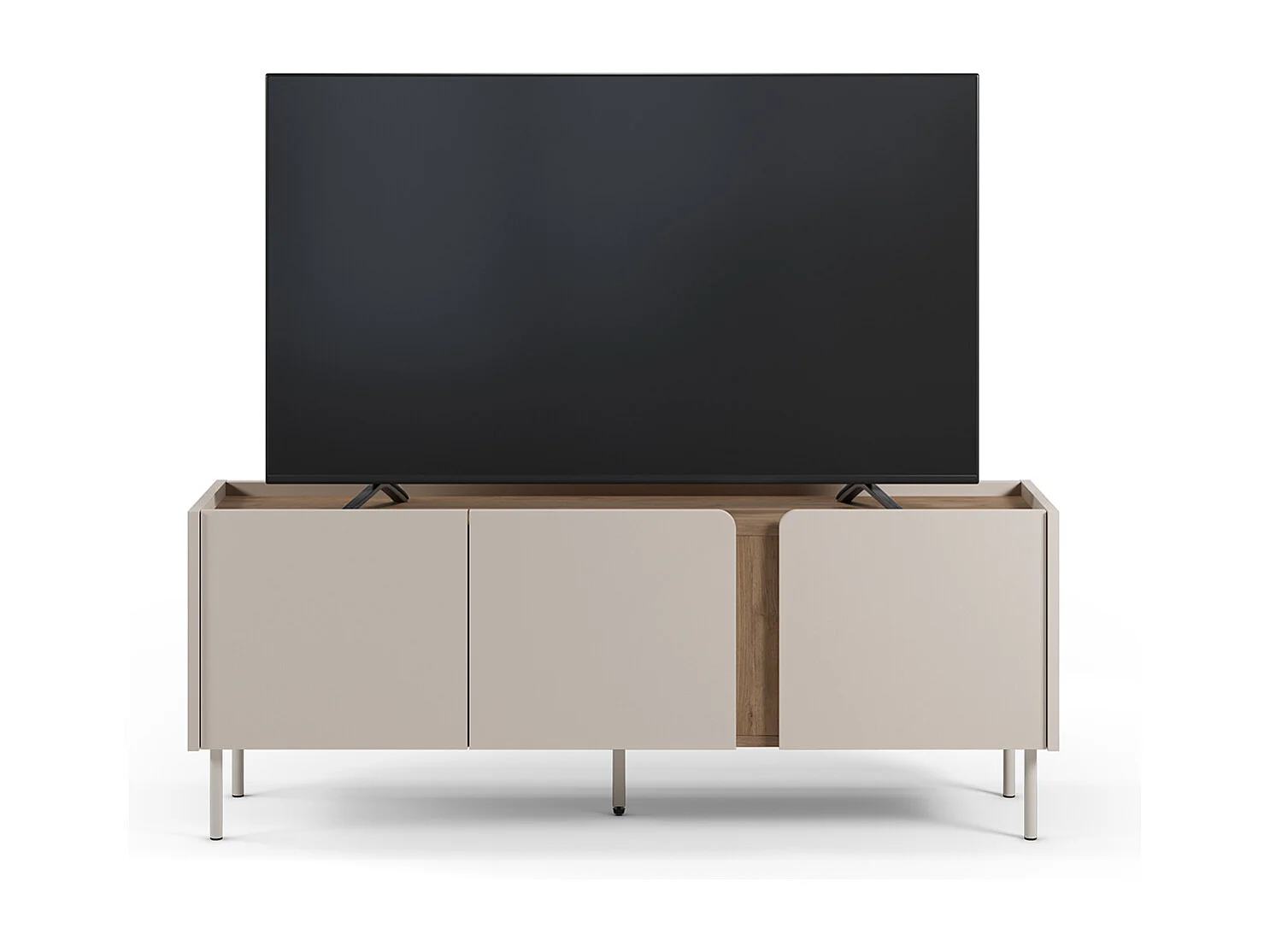 Meuble TV, Meuble de salon avec 3 portes aspect bois coloris crème, chêne et pieds en métal - Longueur 140 x Profondeur 35 x Hauteur 53 cm