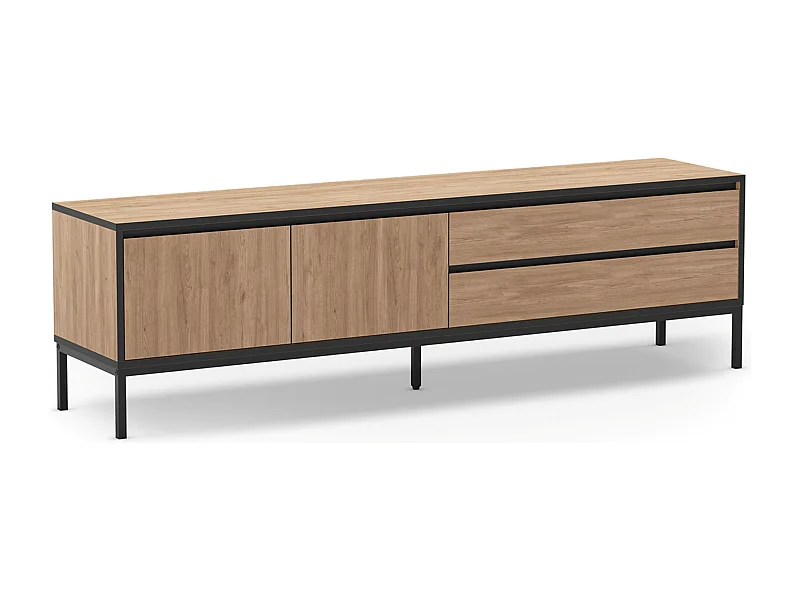Meuble TV, Meuble de salon avec 2 portes et 2 tiroirs aspect bois coloris naturel, pieds en métal noir - Longueur 180 x Profondeur 40 x Hauteur 55 cm