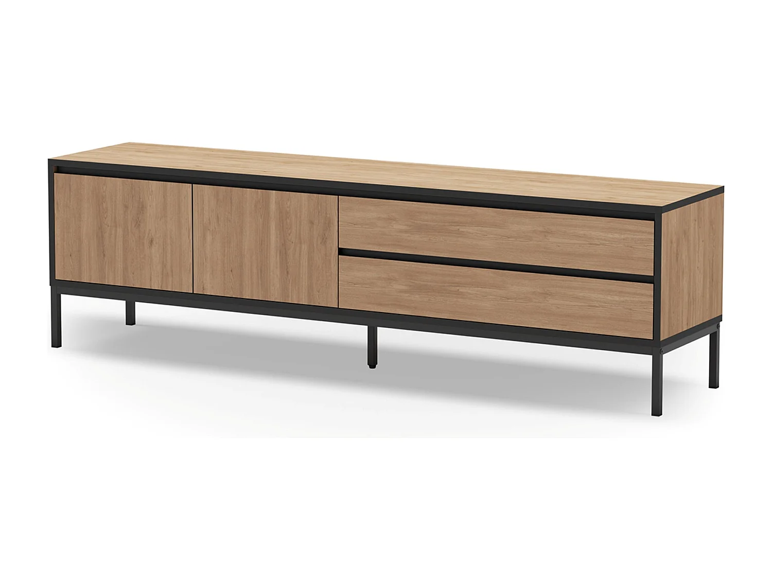 Meuble TV, Meuble de salon avec 2 portes et 2 tiroirs aspect bois coloris naturel, pieds en métal noir - Longueur 180 x Profondeur 40 x Hauteur 55 cm
