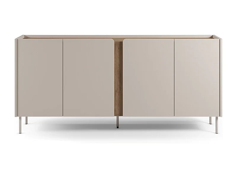 Buffet, commode de rangement avec 4 portes aspect bois coloris crème, chêne et pieds en métal -Longueur 180 x Profondeur 40,50 x Hauteur 82,50 cm