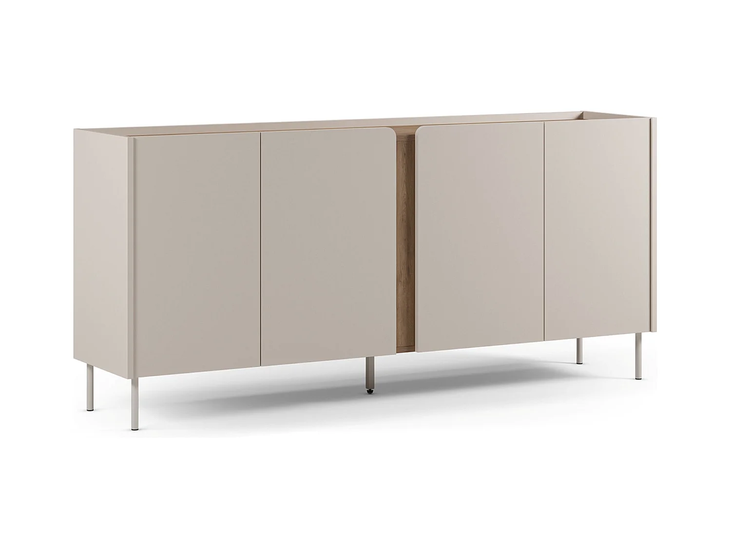 Buffet, commode de rangement avec 4 portes aspect bois coloris crème, chêne et pieds en métal -Longueur 180 x Profondeur 40,50 x Hauteur 82,50 cm