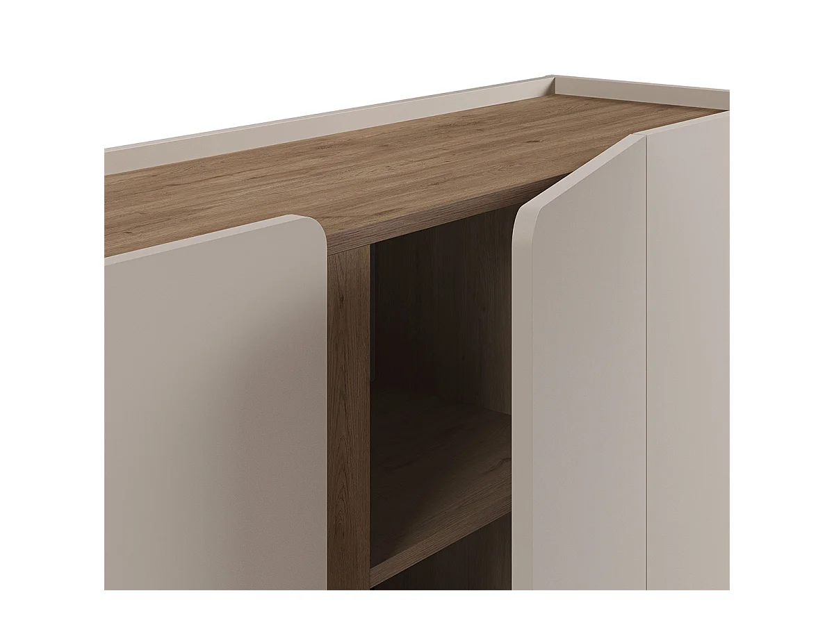 Buffet, commode de rangement avec 4 portes aspect bois coloris crème, chêne et pieds en métal -Longueur 180 x Profondeur 40,50 x Hauteur 82,50 cm