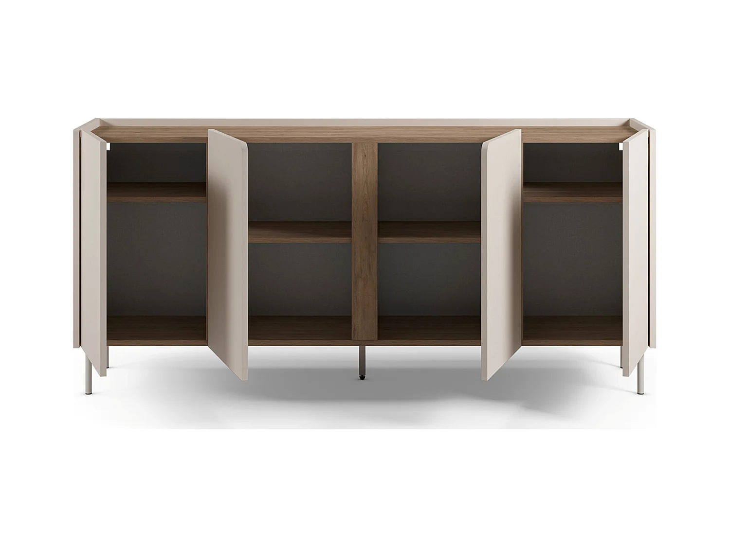 Buffet, commode de rangement avec 4 portes aspect bois coloris crème, chêne et pieds en métal -Longueur 180 x Profondeur 40,50 x Hauteur 82,50 cm