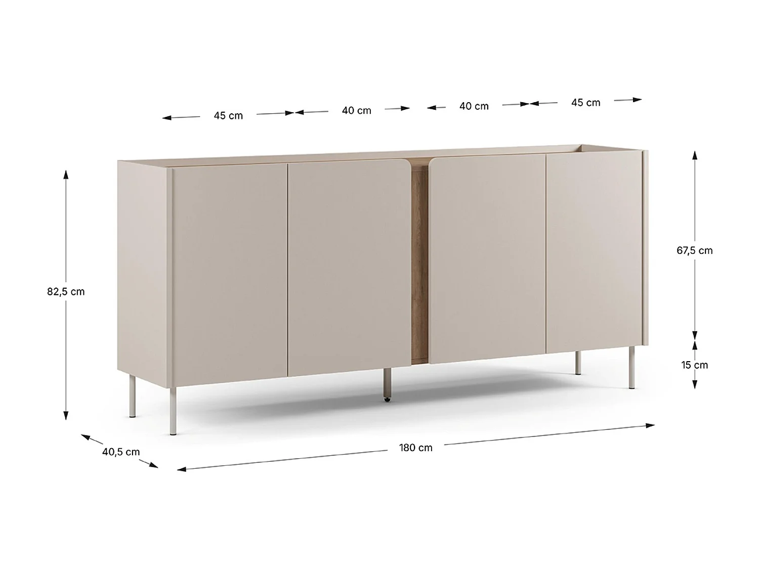 Buffet, commode de rangement avec 4 portes aspect bois coloris crème, chêne et pieds en métal -Longueur 180 x Profondeur 40,50 x Hauteur 82,50 cm
