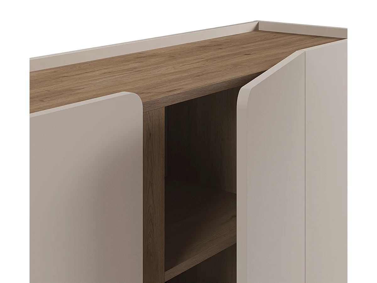 Buffet, commode de rangement avec 4 portes aspect bois coloris crème, chêne et pieds en métal -Longueur 180 x Profondeur 40,50 x Hauteur 82,50 cm