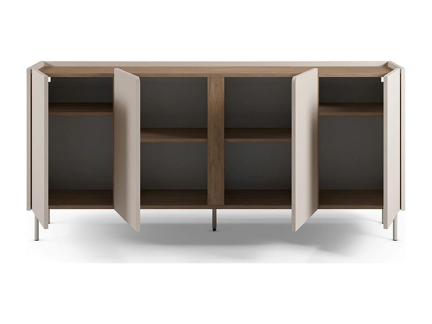 Buffet, commode de rangement avec 4 portes aspect bois coloris crème, chêne et pieds en métal -Longueur 180 x Profondeur 40,50 x Hauteur 82,50 cm