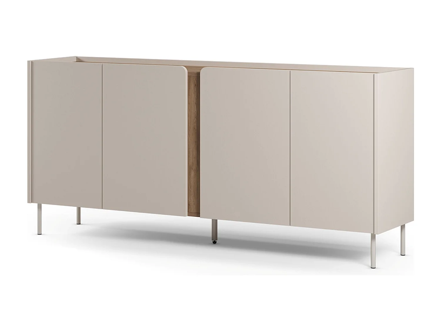 Buffet, commode de rangement avec 4 portes aspect bois coloris crème, chêne et pieds en métal -Longueur 180 x Profondeur 40,50 x Hauteur 82,50 cm