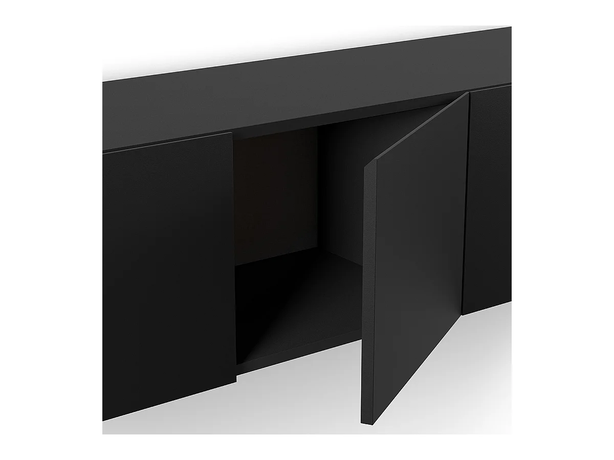 Meuble TV, Meuble de salon avec 4 portes aspect bois coloris noir  - Longueur 180 x Profondeur 35 x Hauteur 38 cm
