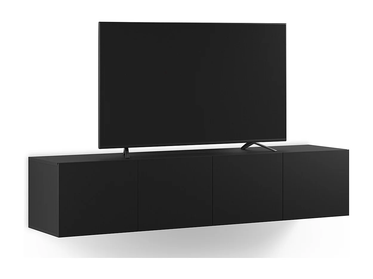 Meuble TV, Meuble de salon avec 4 portes aspect bois coloris noir  - Longueur 180 x Profondeur 35 x Hauteur 38 cm