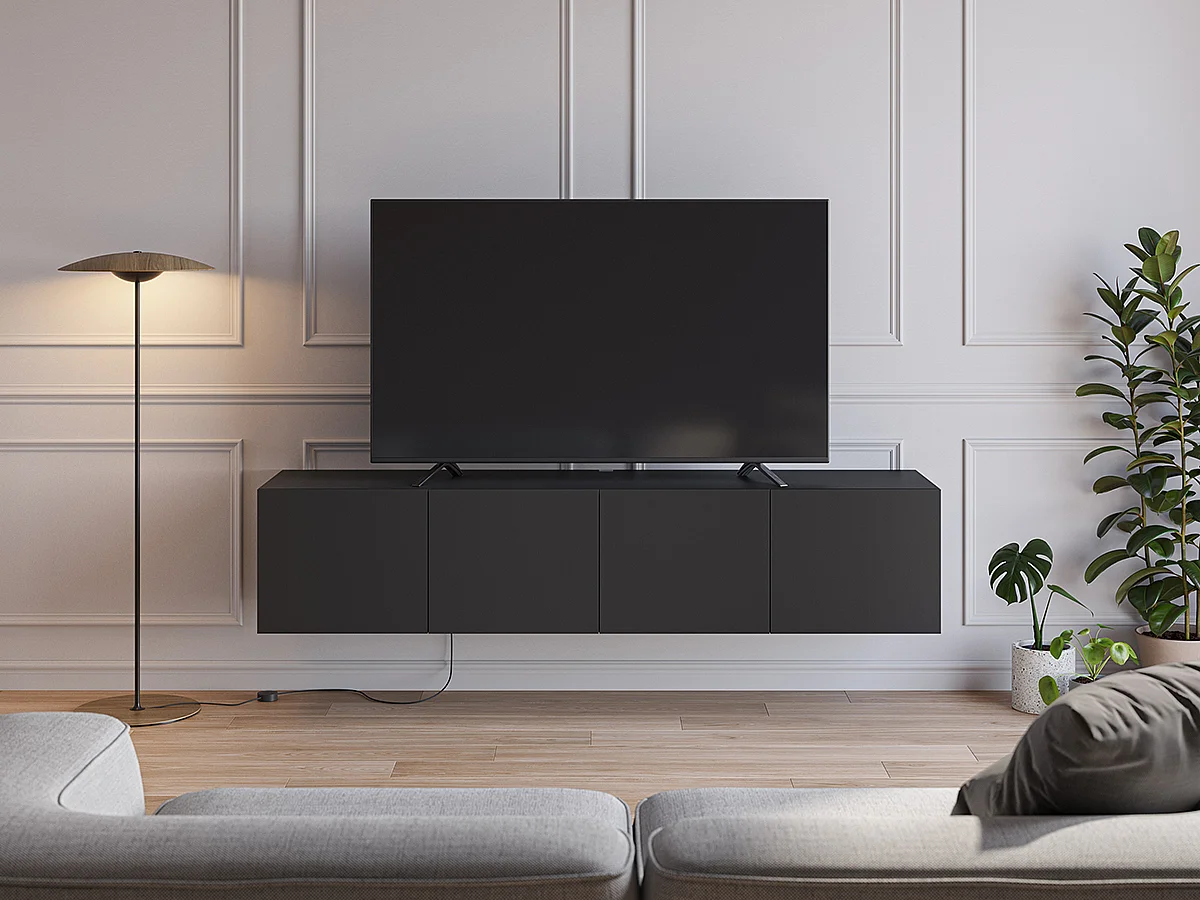 Meuble TV, Meuble de salon avec 4 portes aspect bois coloris noir  - Longueur 180 x Profondeur 35 x Hauteur 38 cm