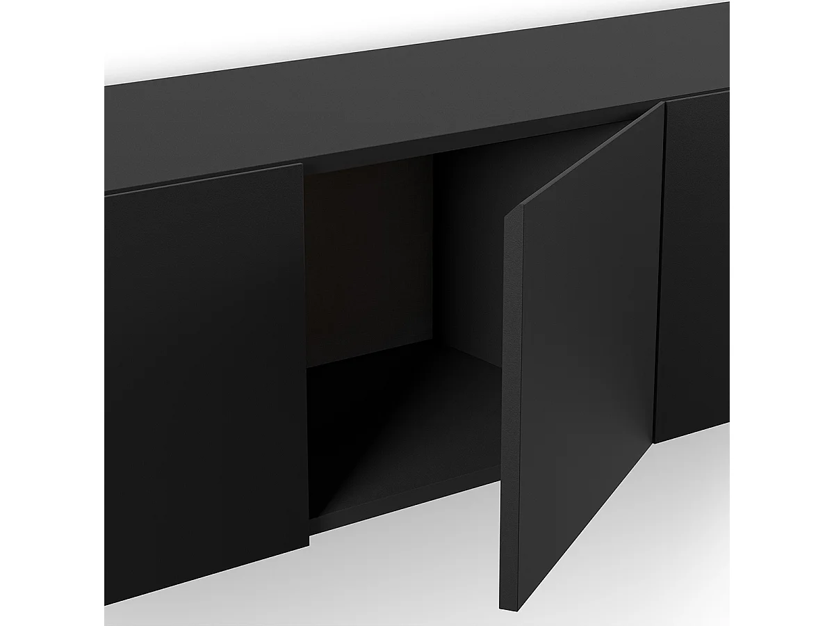 Meuble TV, Meuble de salon avec 4 portes aspect bois coloris noir  - Longueur 180 x Profondeur 35 x Hauteur 38 cm