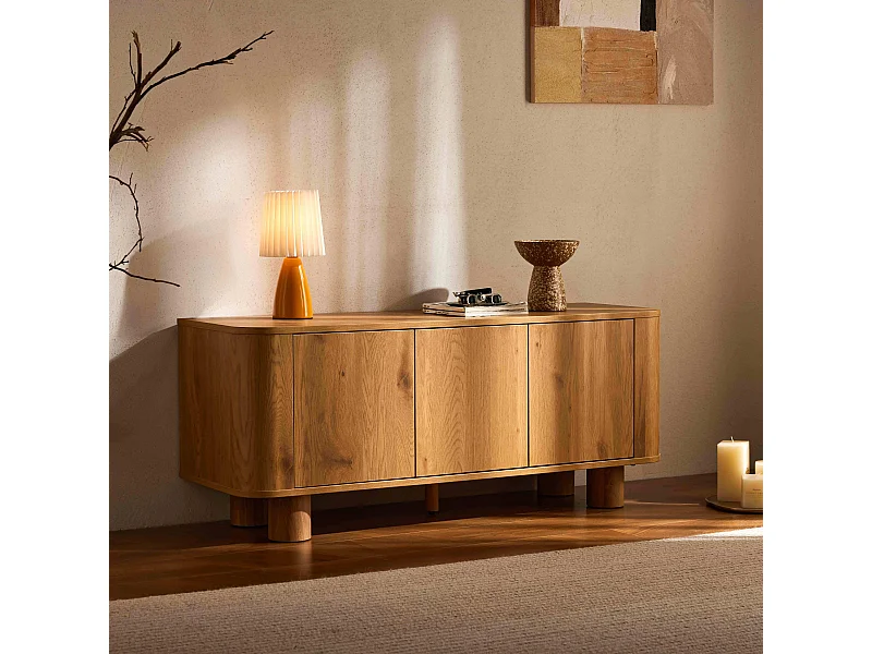 Meuble TV scandinave 3 portes L120 cm bois clair