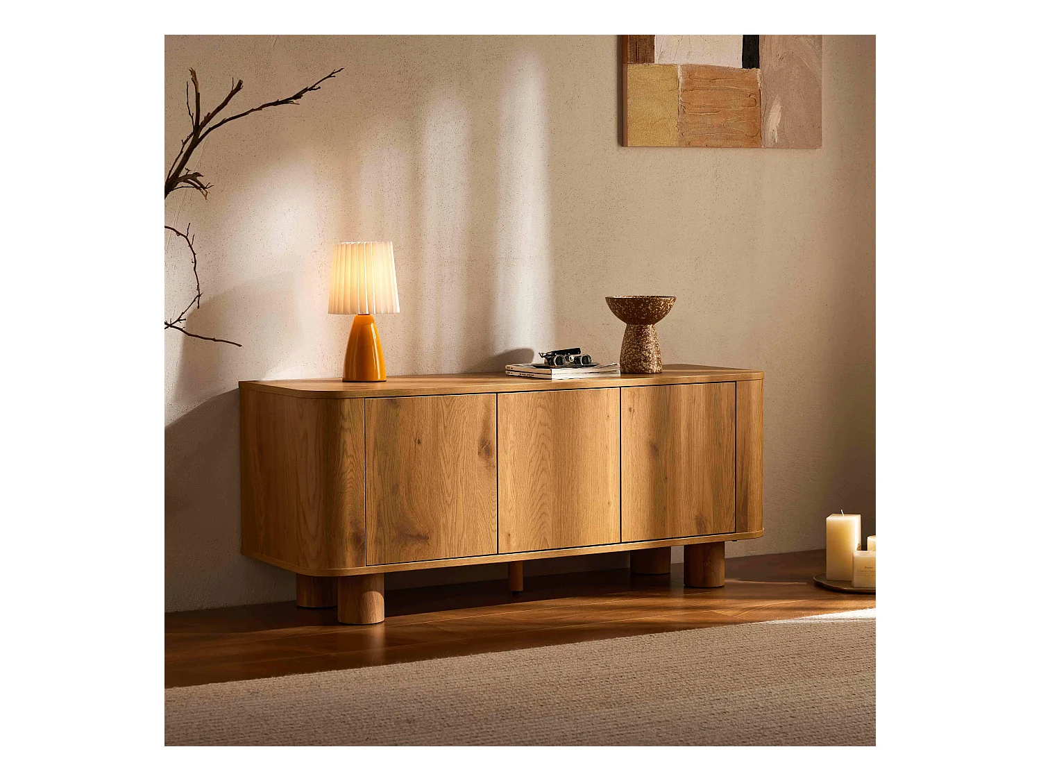 Meuble TV scandinave 3 portes L120 cm bois clair