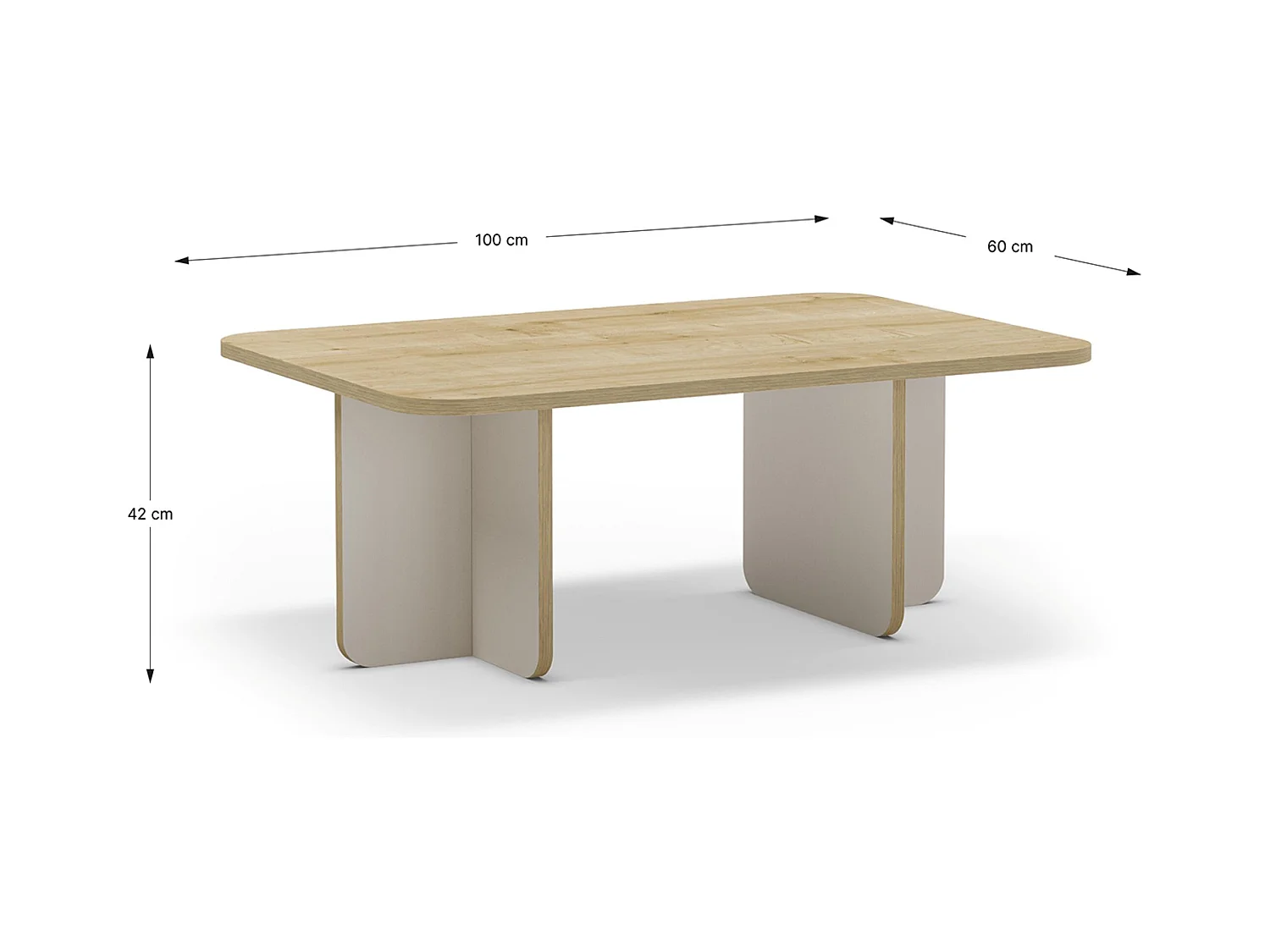 Table basse, table de salon rectangulaire aspect bois coloris chêne et pieds coloris crème - Longueur 100 x Profondeur 60 x Hauteur 42 cm