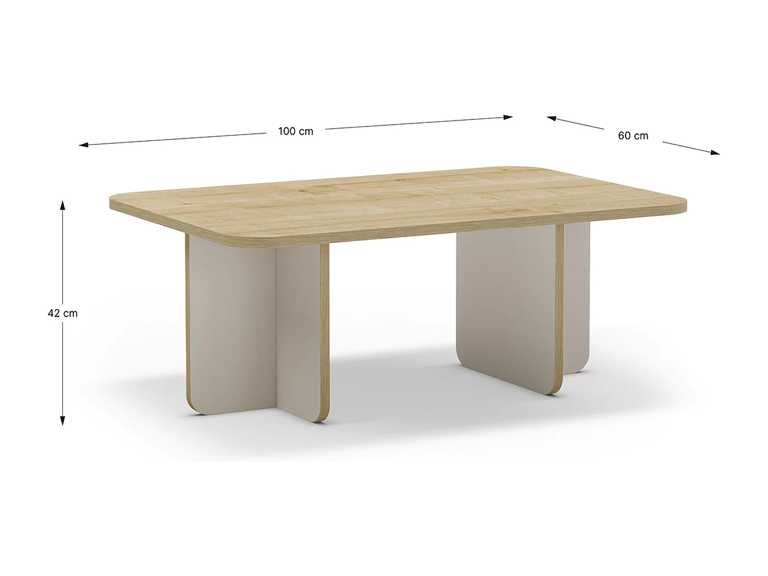 Table basse, table de salon rectangulaire aspect bois coloris chêne et pieds coloris crème - Longueur 100 x Profondeur 60 x Hauteur 42 cm