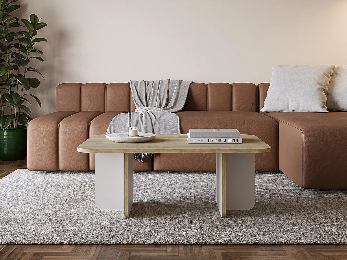 Table basse, table de salon rectangulaire aspect bois coloris chêne et pieds coloris crème - Longueur 100 x Profondeur 60 x Hauteur 42 cm