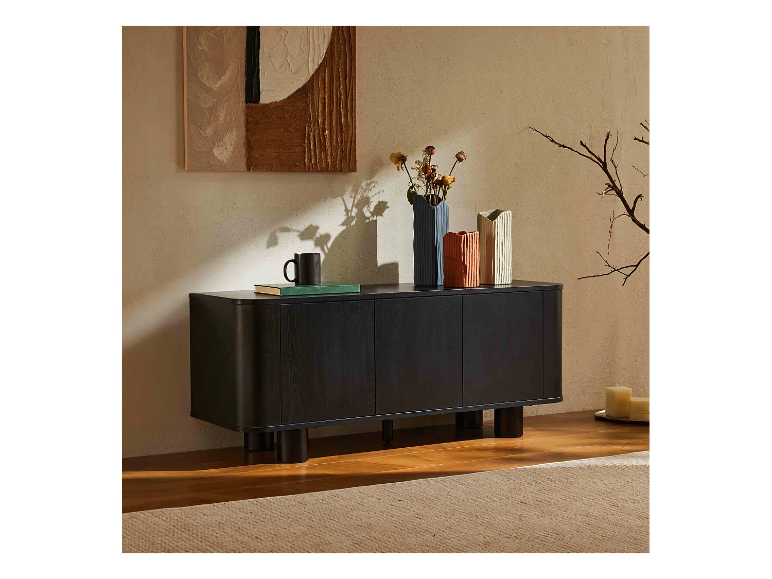 Meuble TV scandinave 3 portes L120 cm bois noir