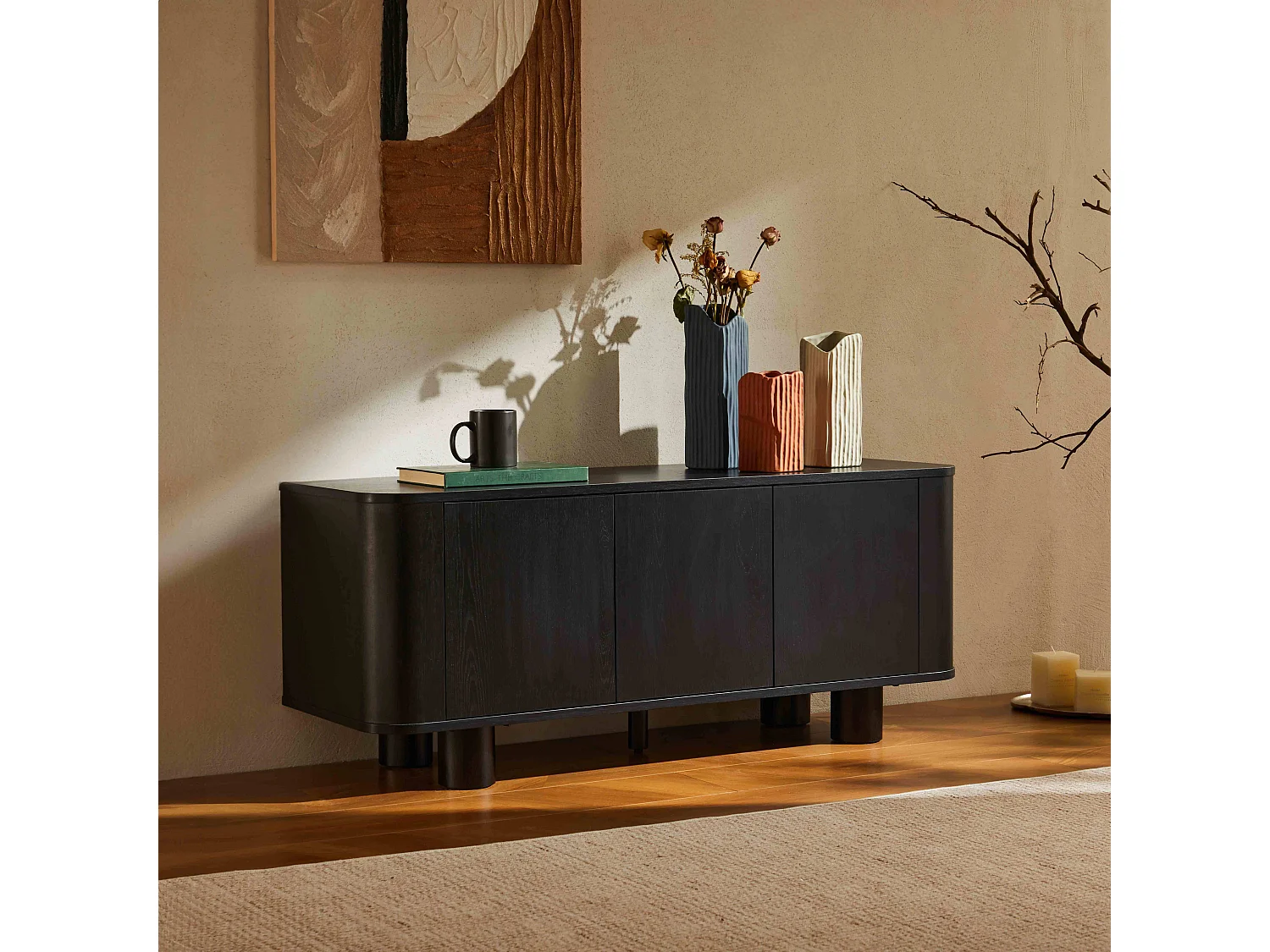 Scandinavische tv-kast met 3 deuren L120 cm zwart hout