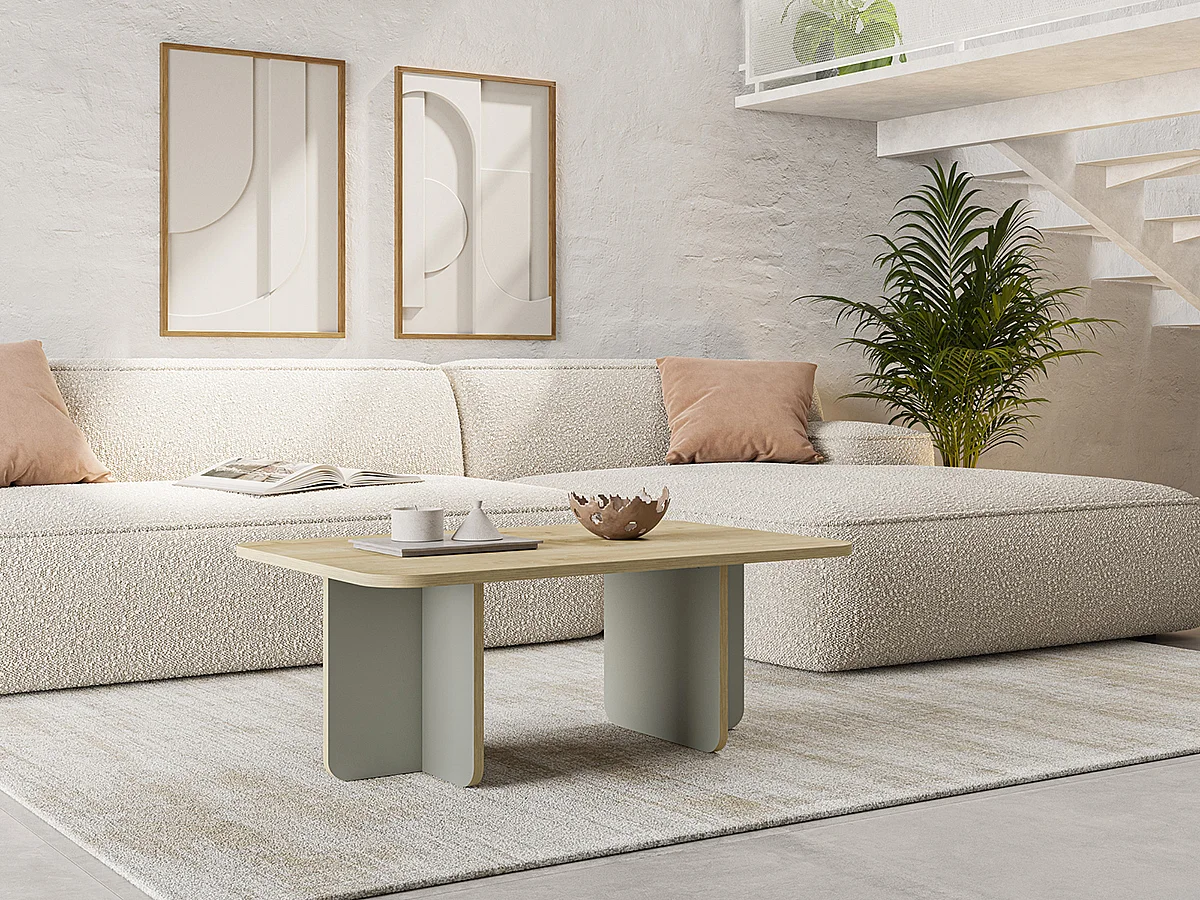 Table basse, table de salon rectangulaire aspect bois coloris chêne et pieds coloris vert - Longueur 100 x Profondeur 60 x Hauteur 42 cm