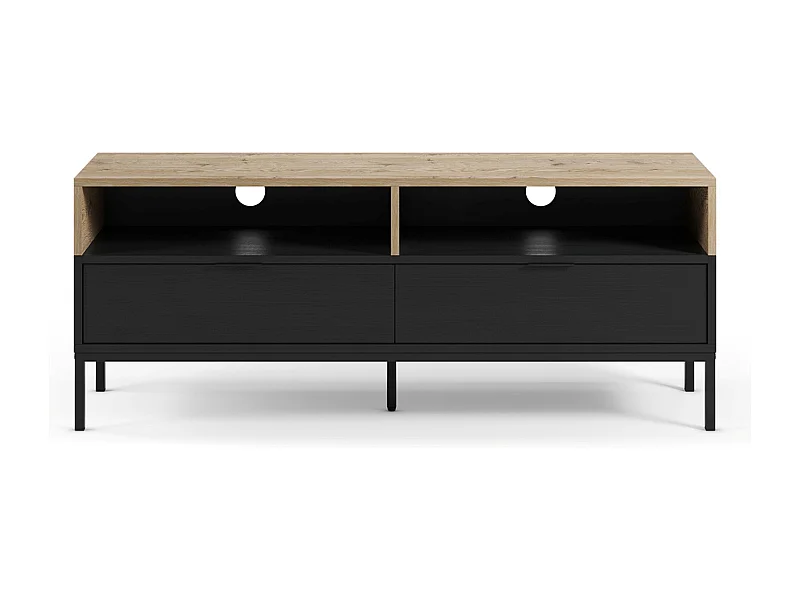 Meuble TV, Meuble de salon avec 2 tiroirs et 2 niches aspect bois coloris chêne, noir et pieds en métal - Longueur 140 x Profondeur 40 x Hauteur 55 cm