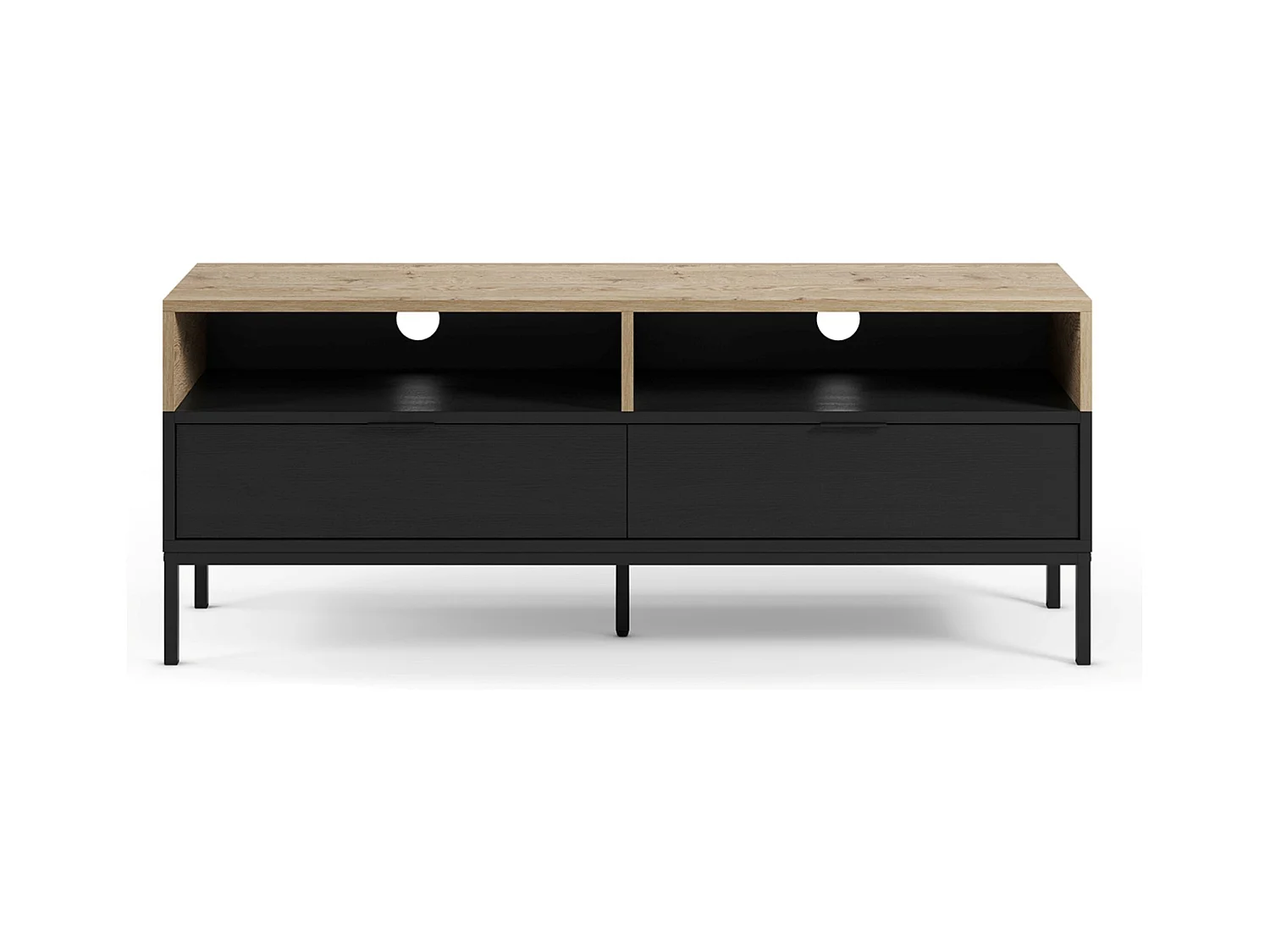 Meuble TV, Meuble de salon avec 2 tiroirs et 2 niches aspect bois coloris chêne, noir et pieds en métal - Longueur 140 x Profondeur 40 x Hauteur 55 cm