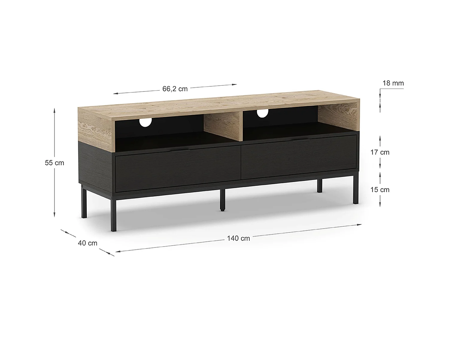 Meuble TV, Meuble de salon avec 2 tiroirs et 2 niches aspect bois coloris chêne, noir et pieds en métal - Longueur 140 x Profondeur 40 x Hauteur 55 cm