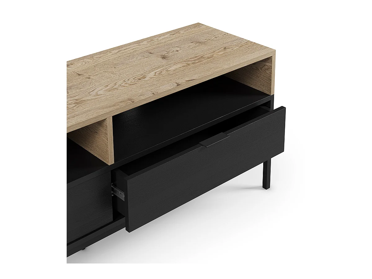 Meuble TV, Meuble de salon avec 2 tiroirs et 2 niches aspect bois coloris chêne, noir et pieds en métal - Longueur 140 x Profondeur 40 x Hauteur 55 cm
