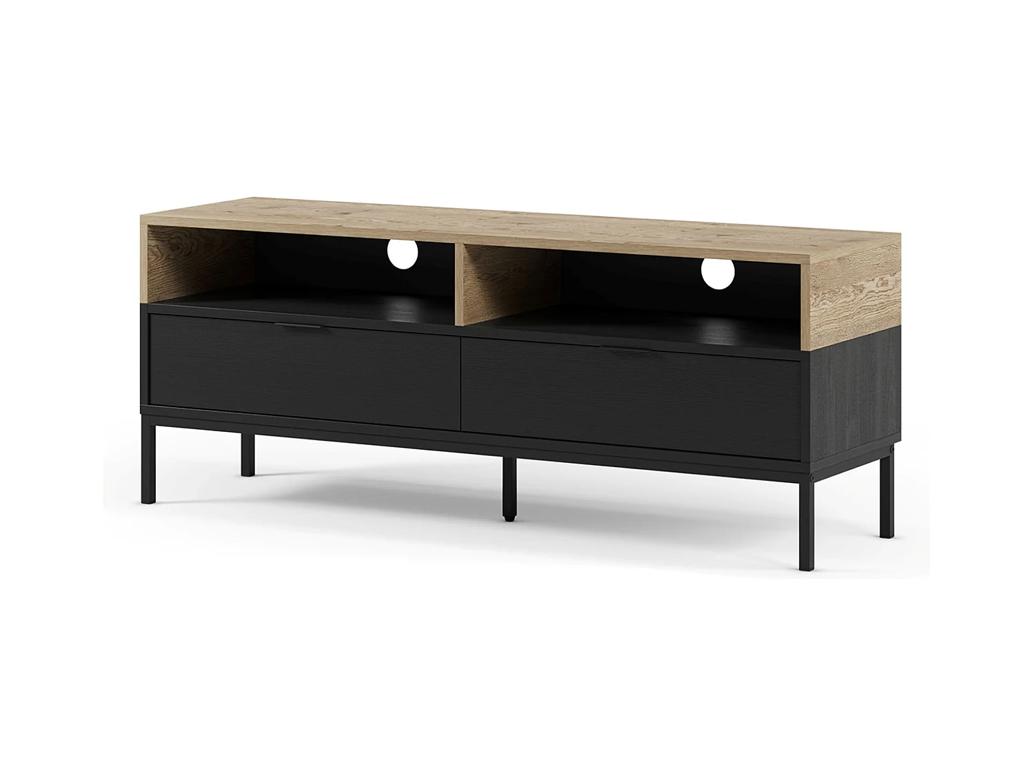 Meuble TV, Meuble de salon avec 2 tiroirs et 2 niches aspect bois coloris chêne, noir et pieds en métal - Longueur 140 x Profondeur 40 x Hauteur 55 cm