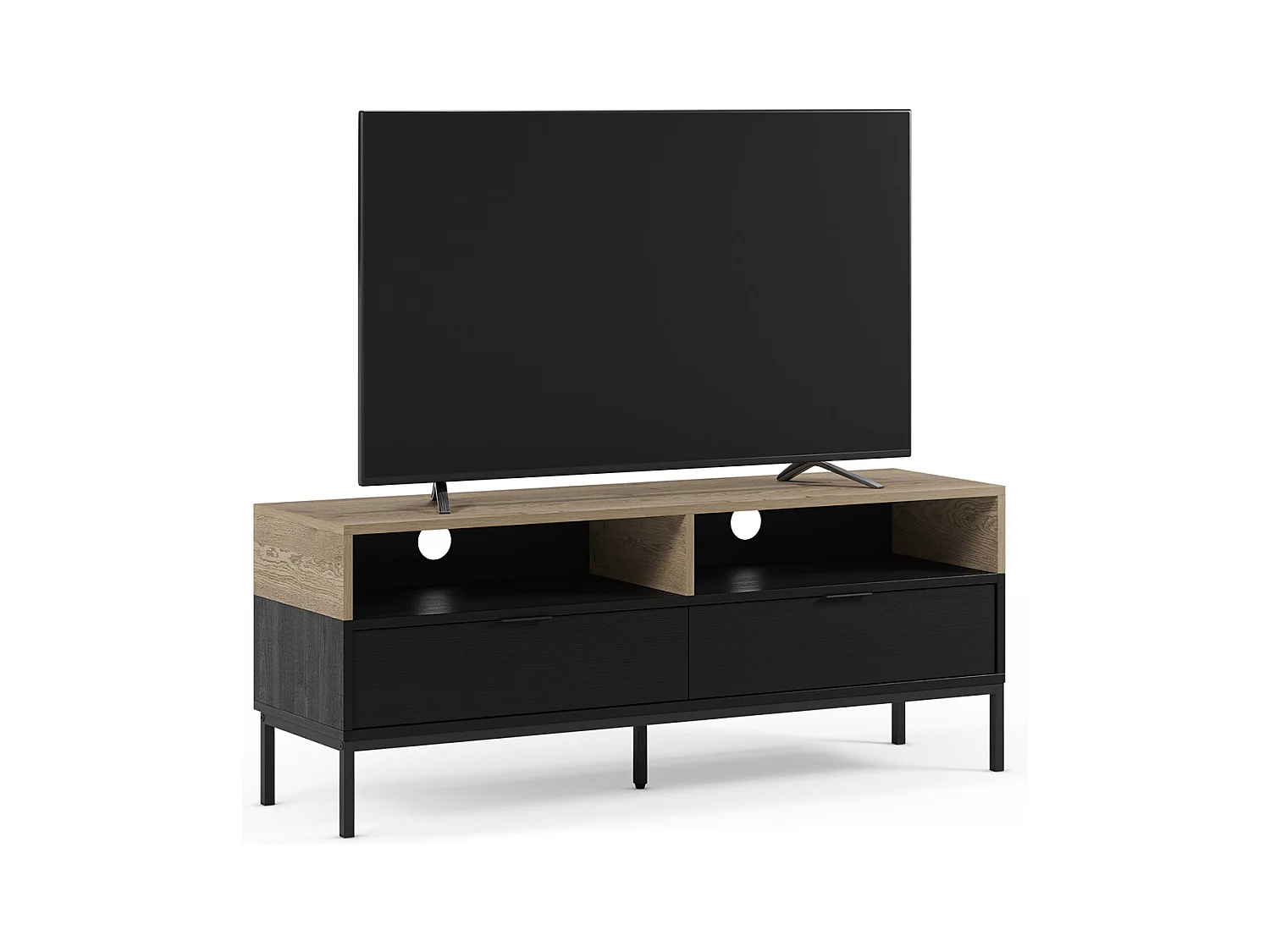 Meuble TV, Meuble de salon avec 2 tiroirs et 2 niches aspect bois coloris chêne, noir et pieds en métal - Longueur 140 x Profondeur 40 x Hauteur 55 cm