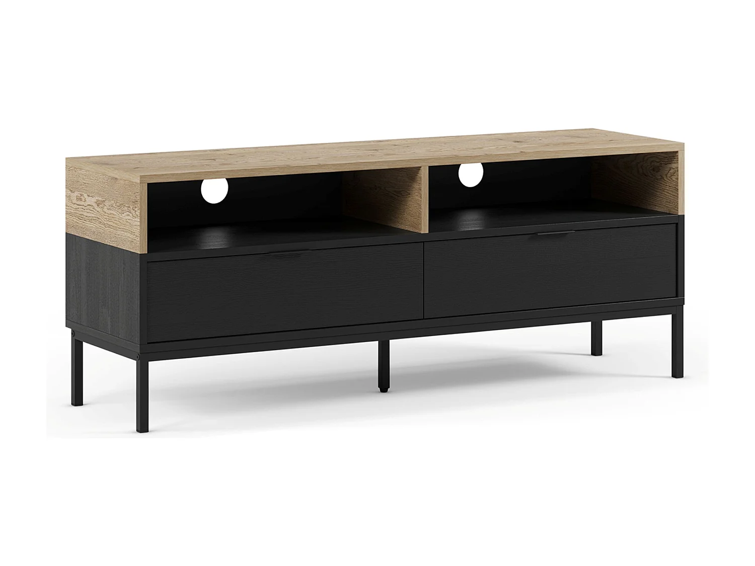 Meuble TV, Meuble de salon avec 2 tiroirs et 2 niches aspect bois coloris chêne, noir et pieds en métal - Longueur 140 x Profondeur 40 x Hauteur 55 cm