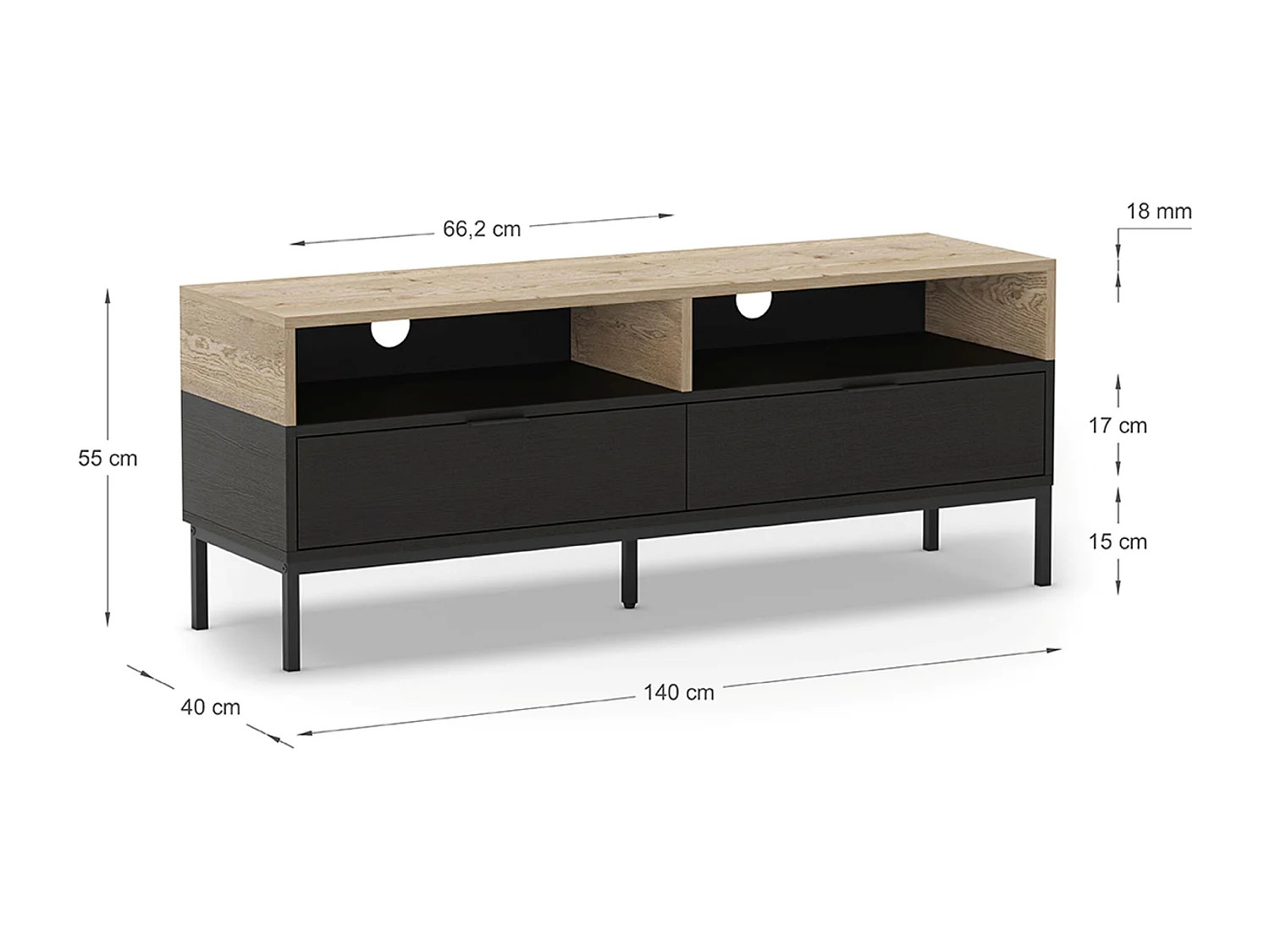 Meuble TV, Meuble de salon avec 2 tiroirs et 2 niches aspect bois coloris chêne, noir et pieds en métal - Longueur 140 x Profondeur 40 x Hauteur 55 cm