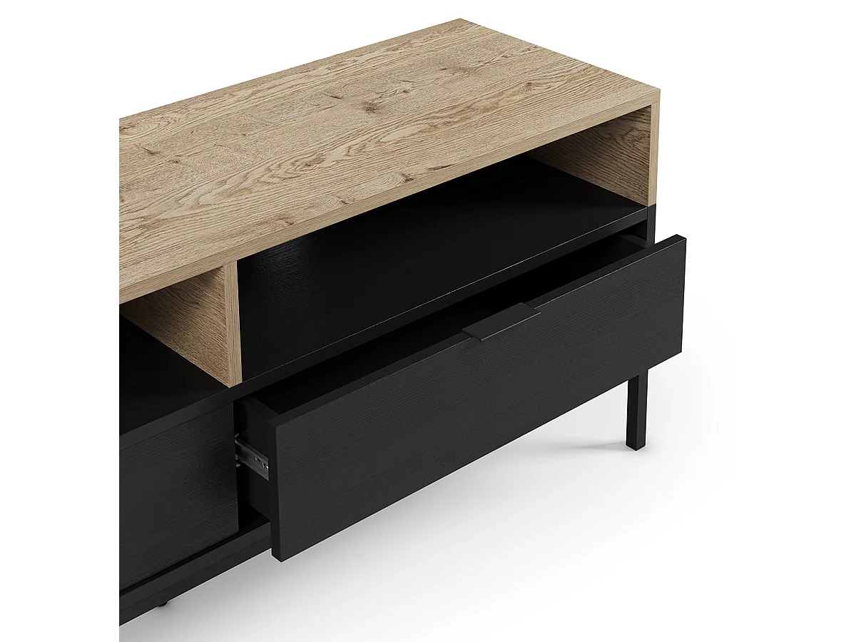 Meuble TV, Meuble de salon avec 2 tiroirs et 2 niches aspect bois coloris chêne, noir et pieds en métal - Longueur 140 x Profondeur 40 x Hauteur 55 cm