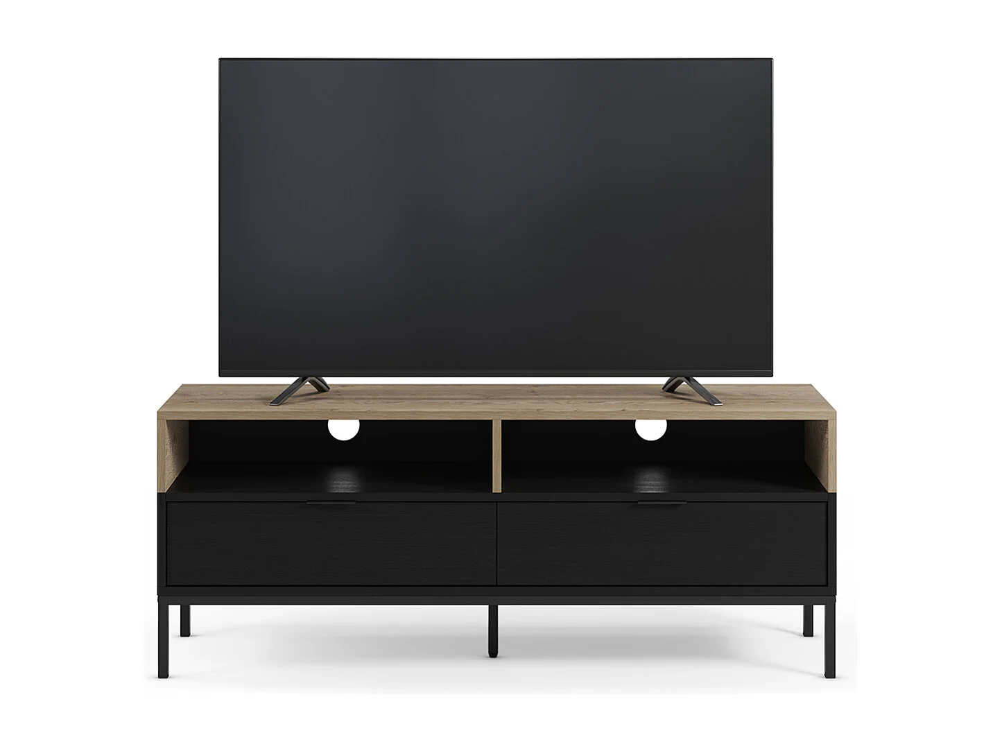 Meuble TV, Meuble de salon avec 2 tiroirs et 2 niches aspect bois coloris chêne, noir et pieds en métal - Longueur 140 x Profondeur 40 x Hauteur 55 cm