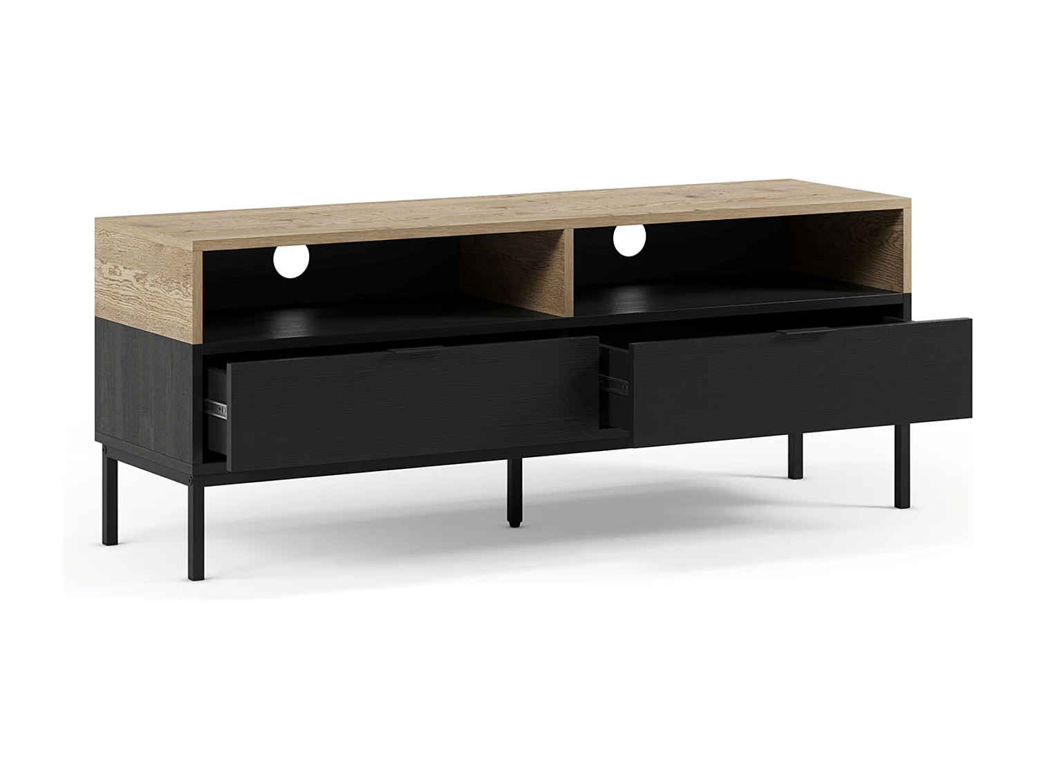 Meuble TV, Meuble de salon avec 2 tiroirs et 2 niches aspect bois coloris chêne, noir et pieds en métal - Longueur 140 x Profondeur 40 x Hauteur 55 cm