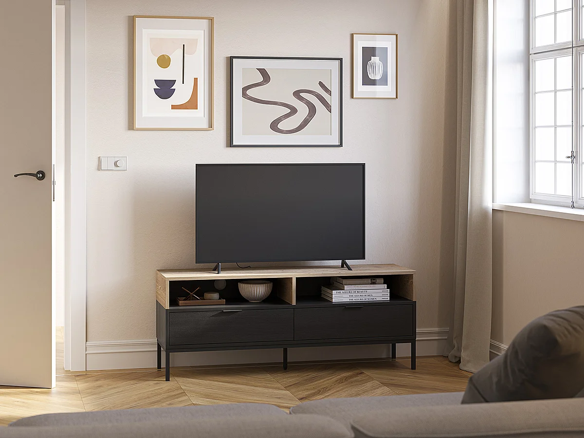 Meuble TV, Meuble de salon avec 2 tiroirs et 2 niches aspect bois coloris chêne, noir et pieds en métal - Longueur 140 x Profondeur 40 x Hauteur 55 cm