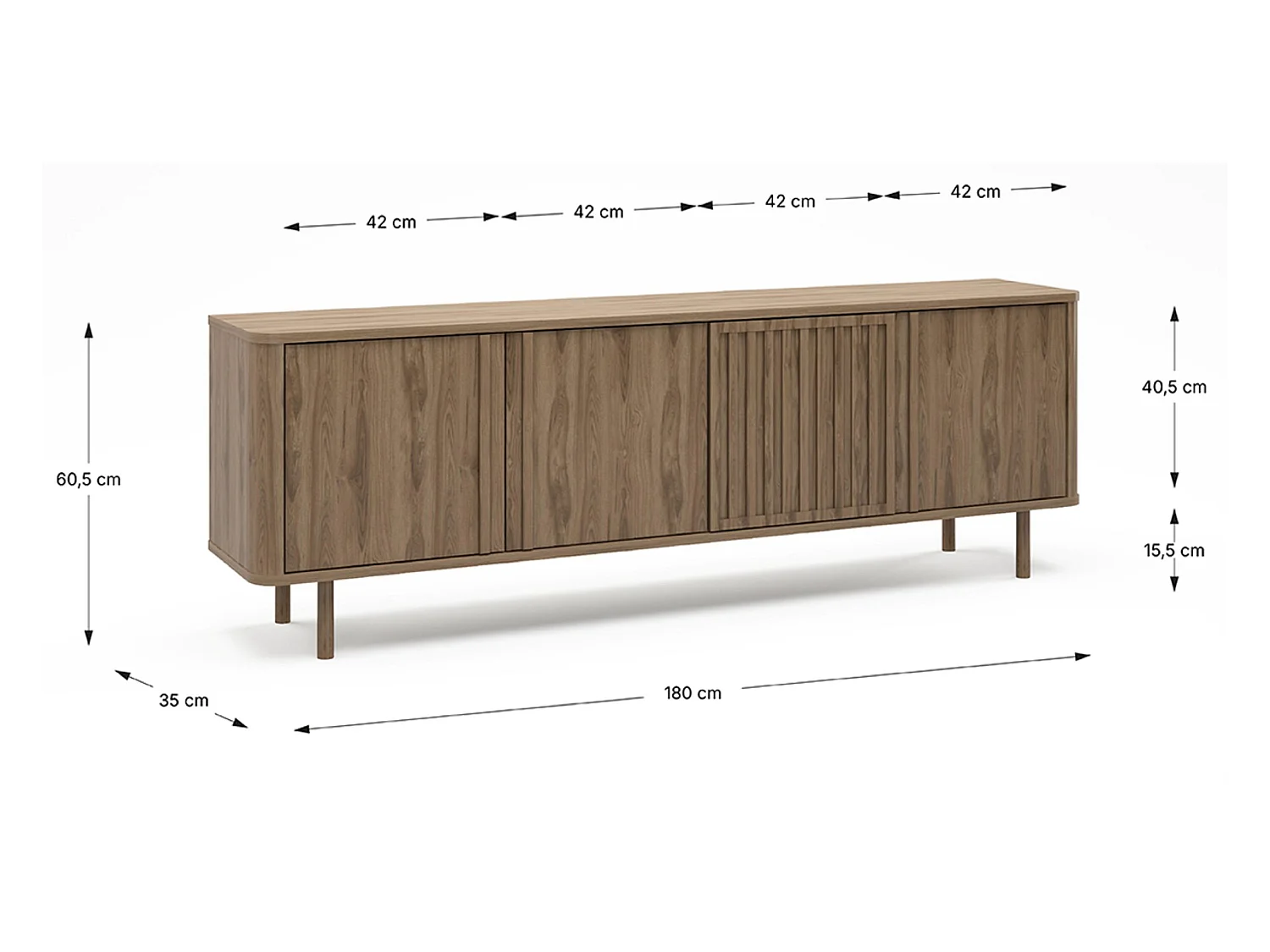 Meuble TV, meuble de salon avec 4 portes aspect bois coloris chêne - Longueur 180 x Profondeur 35 x Hauteur 60,50 cm