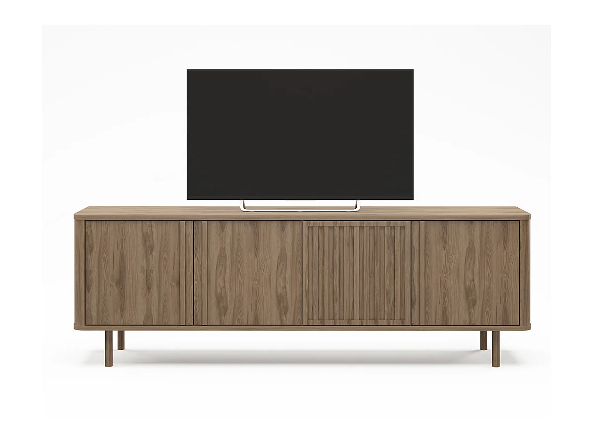 Meuble TV, meuble de salon avec 4 portes aspect bois coloris chêne - Longueur 180 x Profondeur 35 x Hauteur 60,50 cm