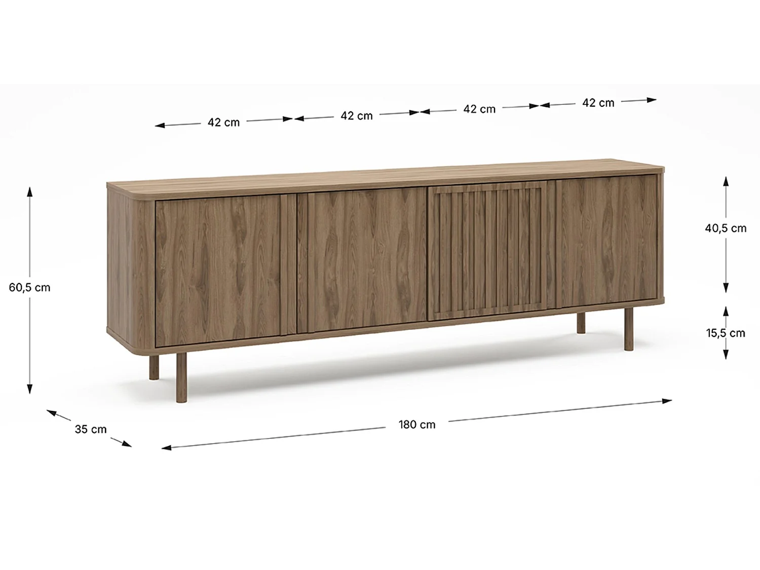 Meuble TV, meuble de salon avec 4 portes aspect bois coloris chêne - Longueur 180 x Profondeur 35 x Hauteur 60,50 cm