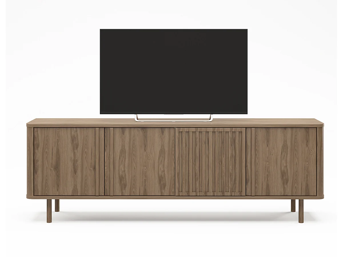 Meuble TV, meuble de salon avec 4 portes aspect bois coloris chêne - Longueur 180 x Profondeur 35 x Hauteur 60,50 cm