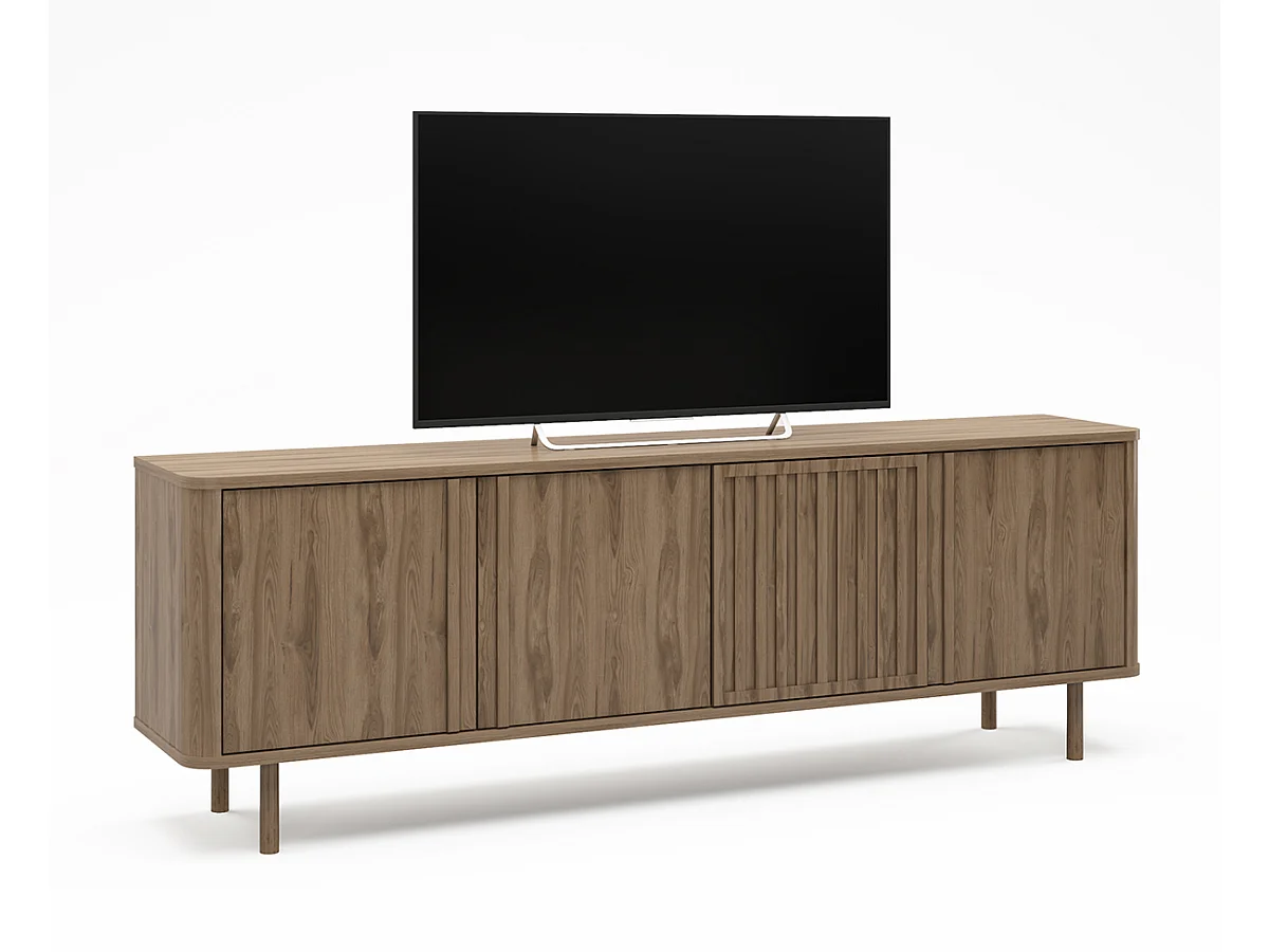 Meuble TV, meuble de salon avec 4 portes aspect bois coloris chêne - Longueur 180 x Profondeur 35 x Hauteur 60,50 cm