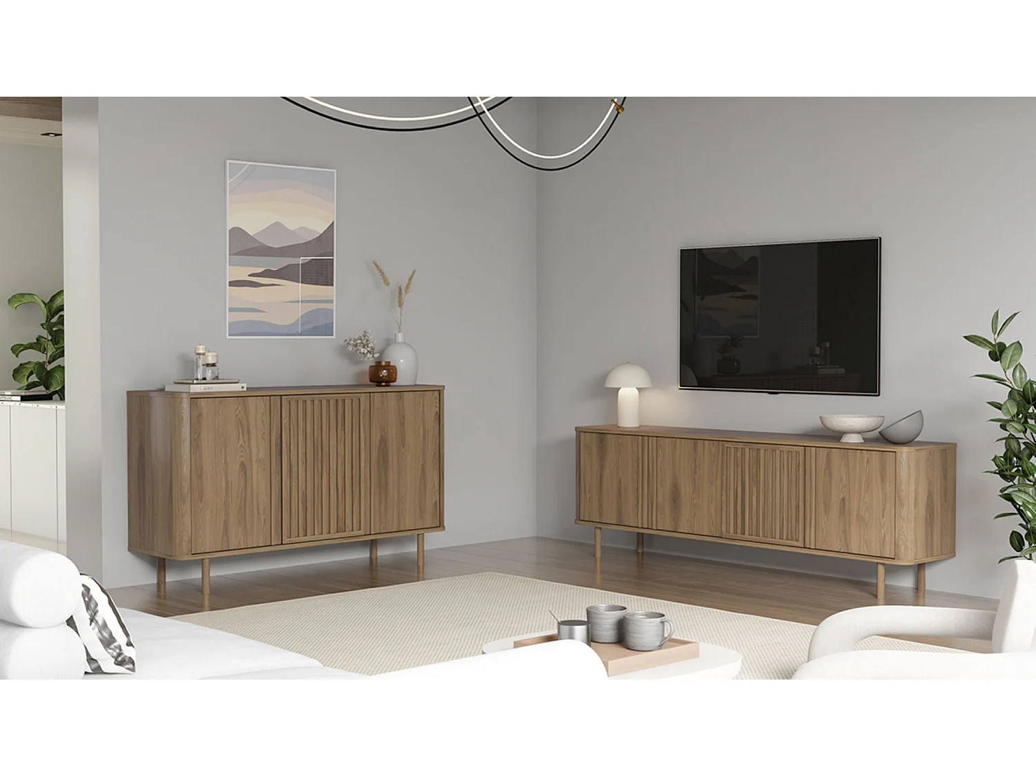 Meuble TV, meuble de salon avec 4 portes aspect bois coloris chêne - Longueur 180 x Profondeur 35 x Hauteur 60,50 cm